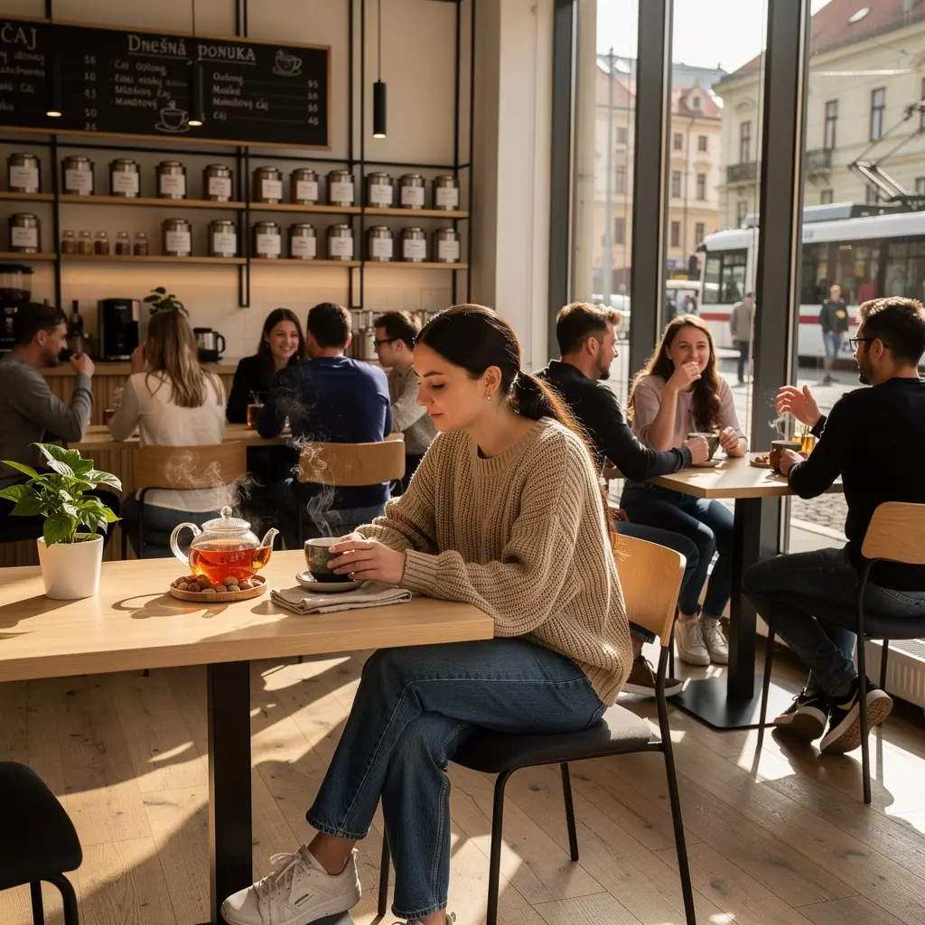 Záber na šálku čaju s mandľovým a kvetinovým dekorom
