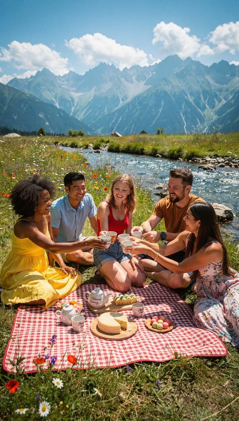 Pohár s mandľovým čajom obklopený kvetinami a marcipánovými cukríkmi
