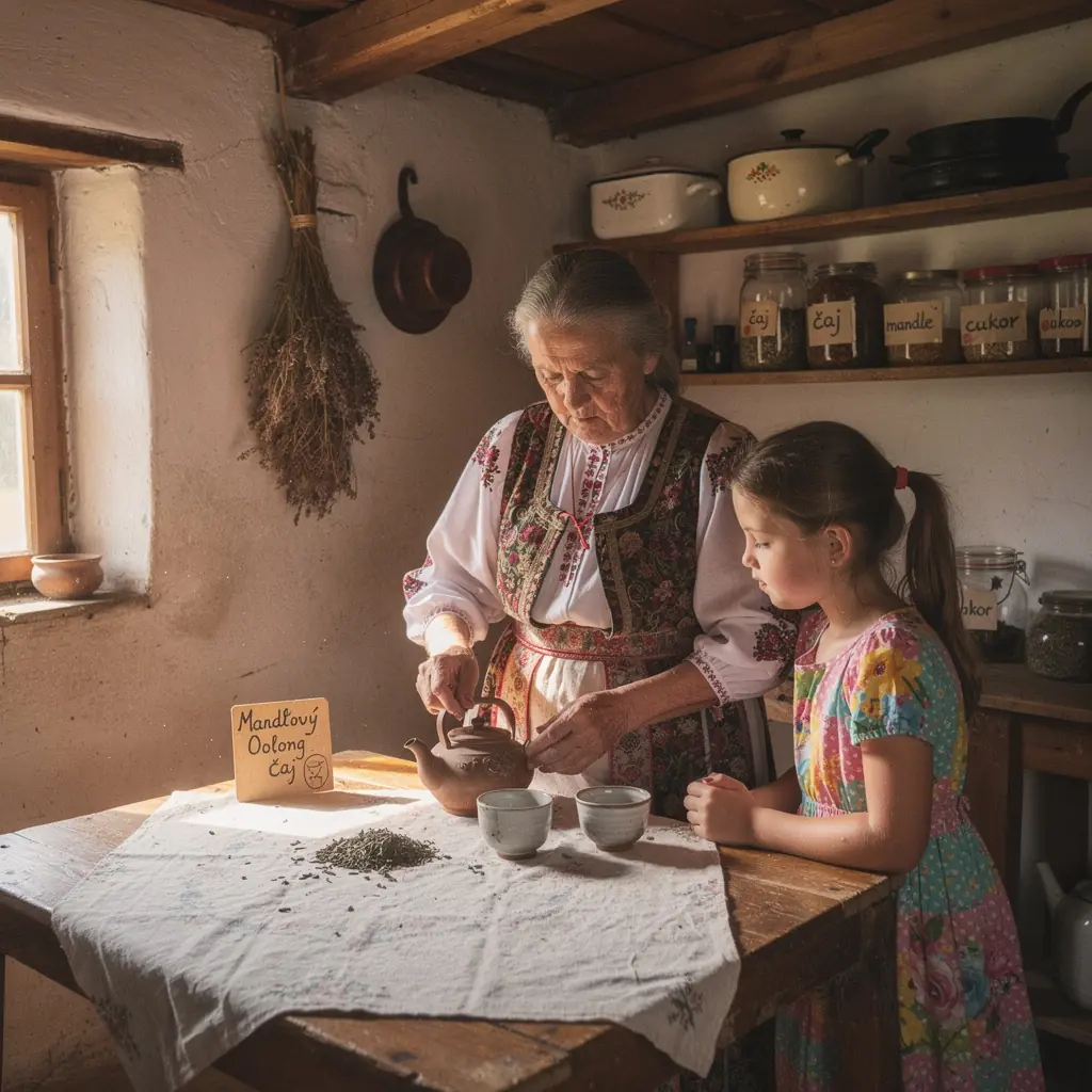 Zelený čaj s mandľovým nádychom a kvetinovým pozadím